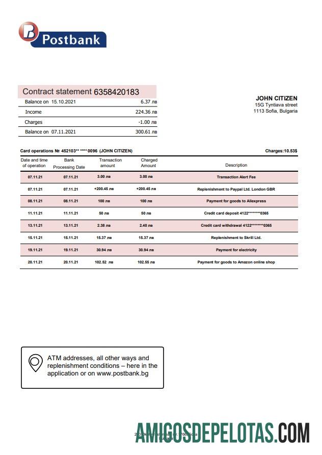 Exemplo de extrato bancário postal da Bulgária